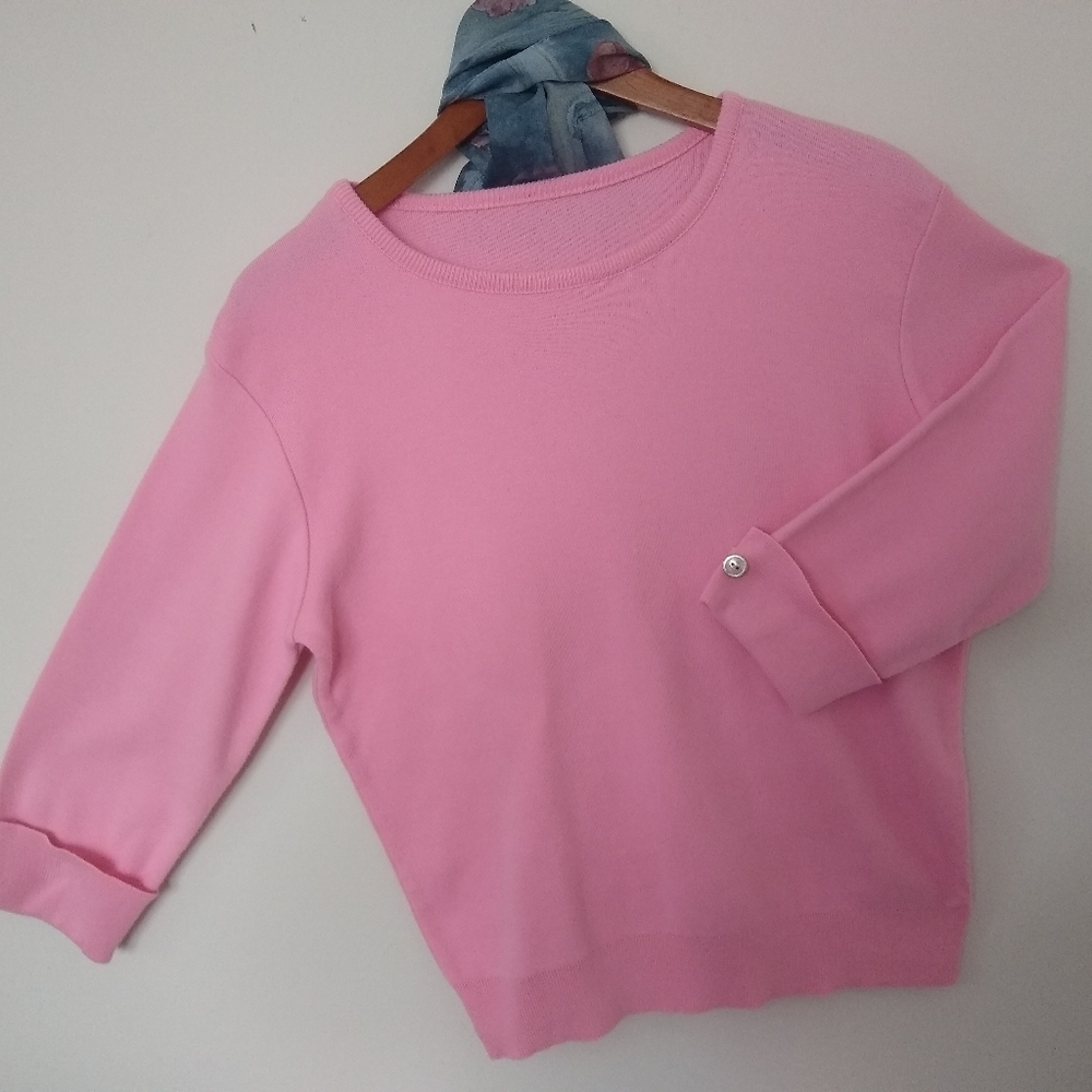 3/4 Sleeve Cotton Crew Neck Sweater, Pink